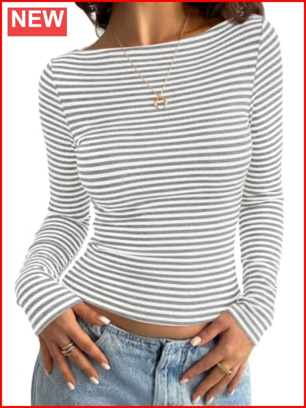 PRETTYGARDEN Women's Long Sleeve Striped T-Shirt Boat Neck Slim Fit Top